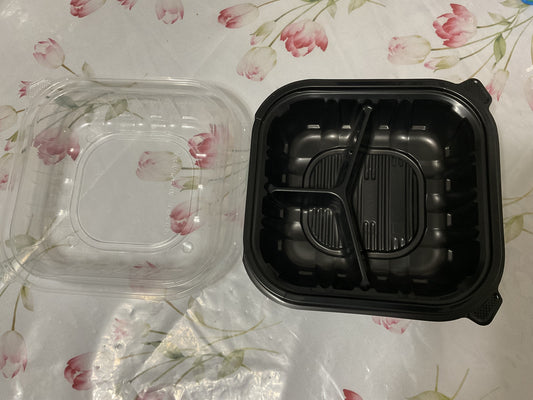 8”x8” 3-Conpartment Black/Clear Take out Clamshell 150 case