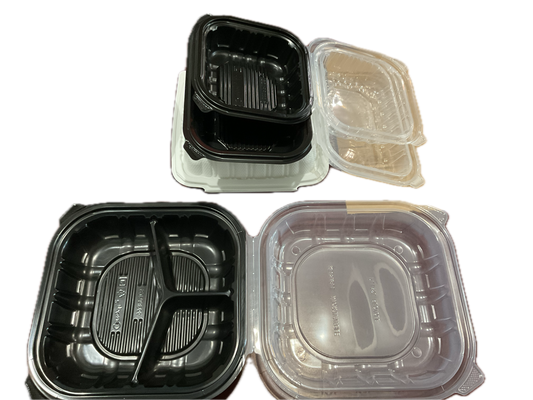 9”x9”3(H) 3 Conpartment Black/Clear Take out Clamshell 150 case